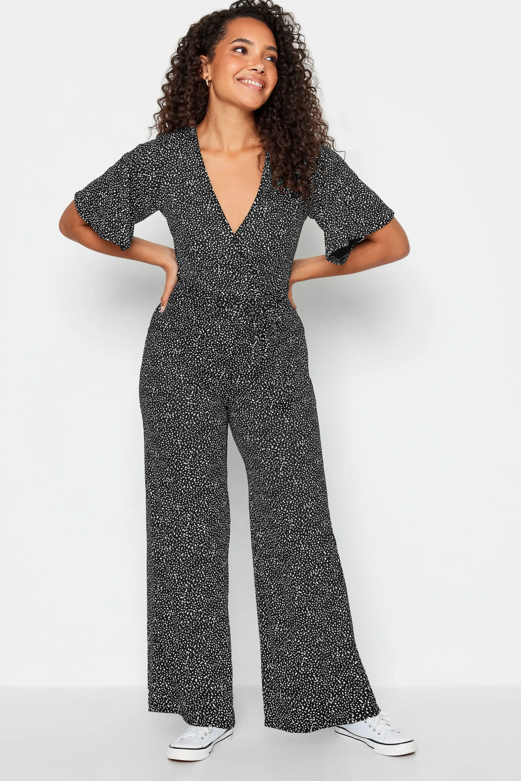 M&Co Womens Black Spot Print Wrap Wide Leg Jumpsuit>Women Maxi Dresses