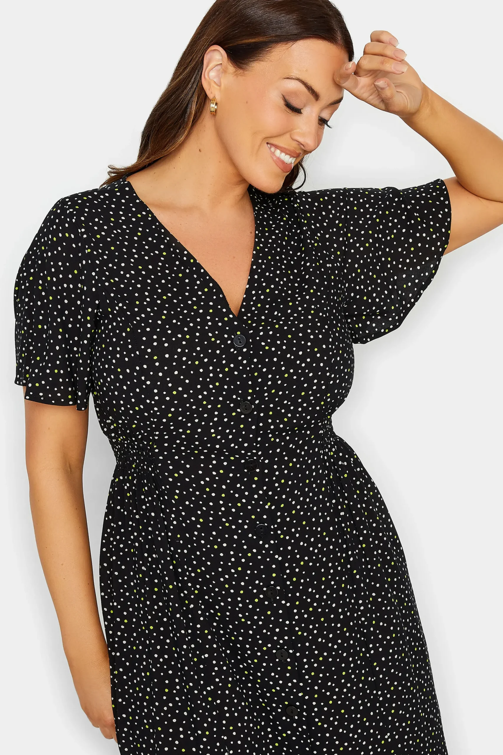 M&Co Womens Black Spot Print Shirred Waist Dress>Women Midi Dresses