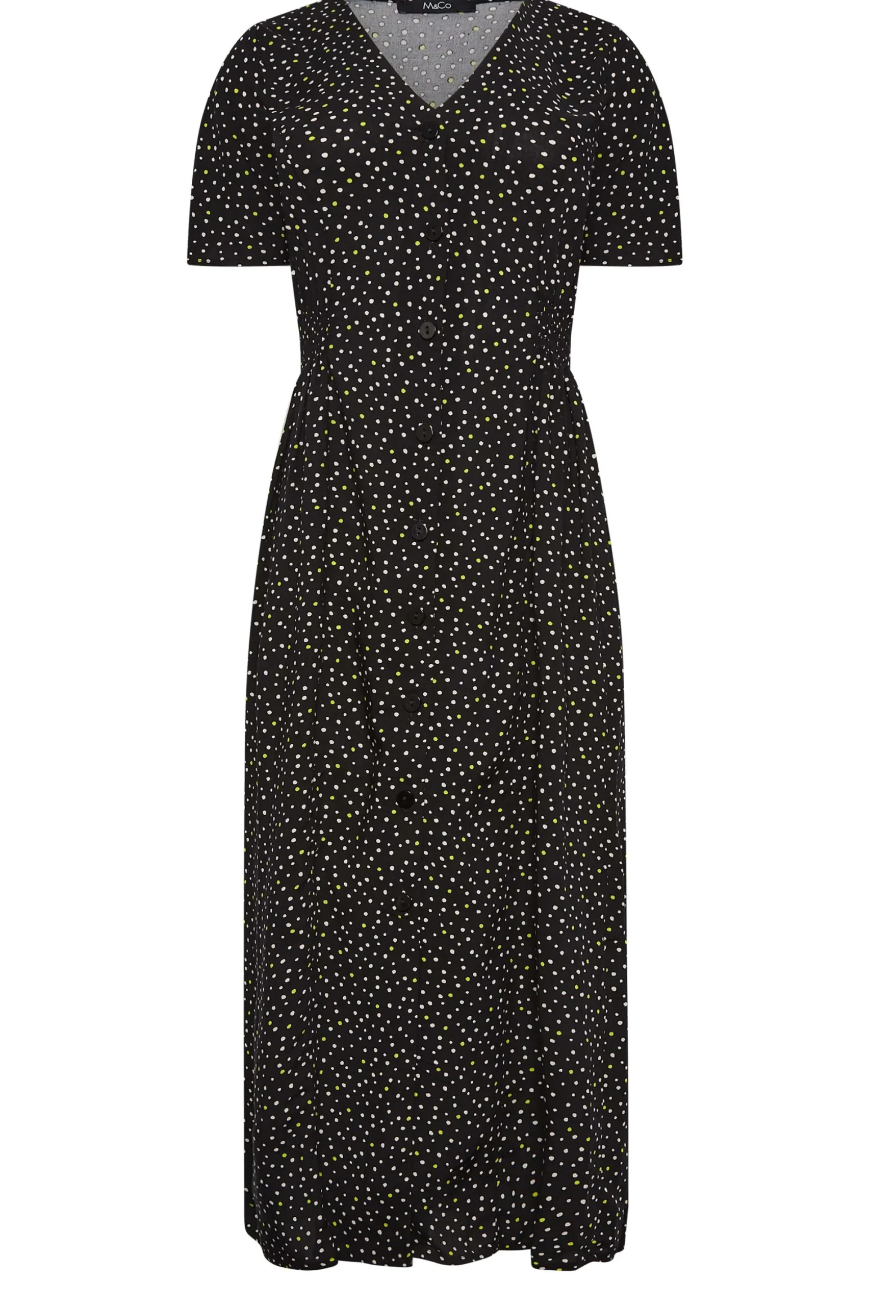 M&Co Womens Black Spot Print Shirred Waist Dress>Women Midi Dresses