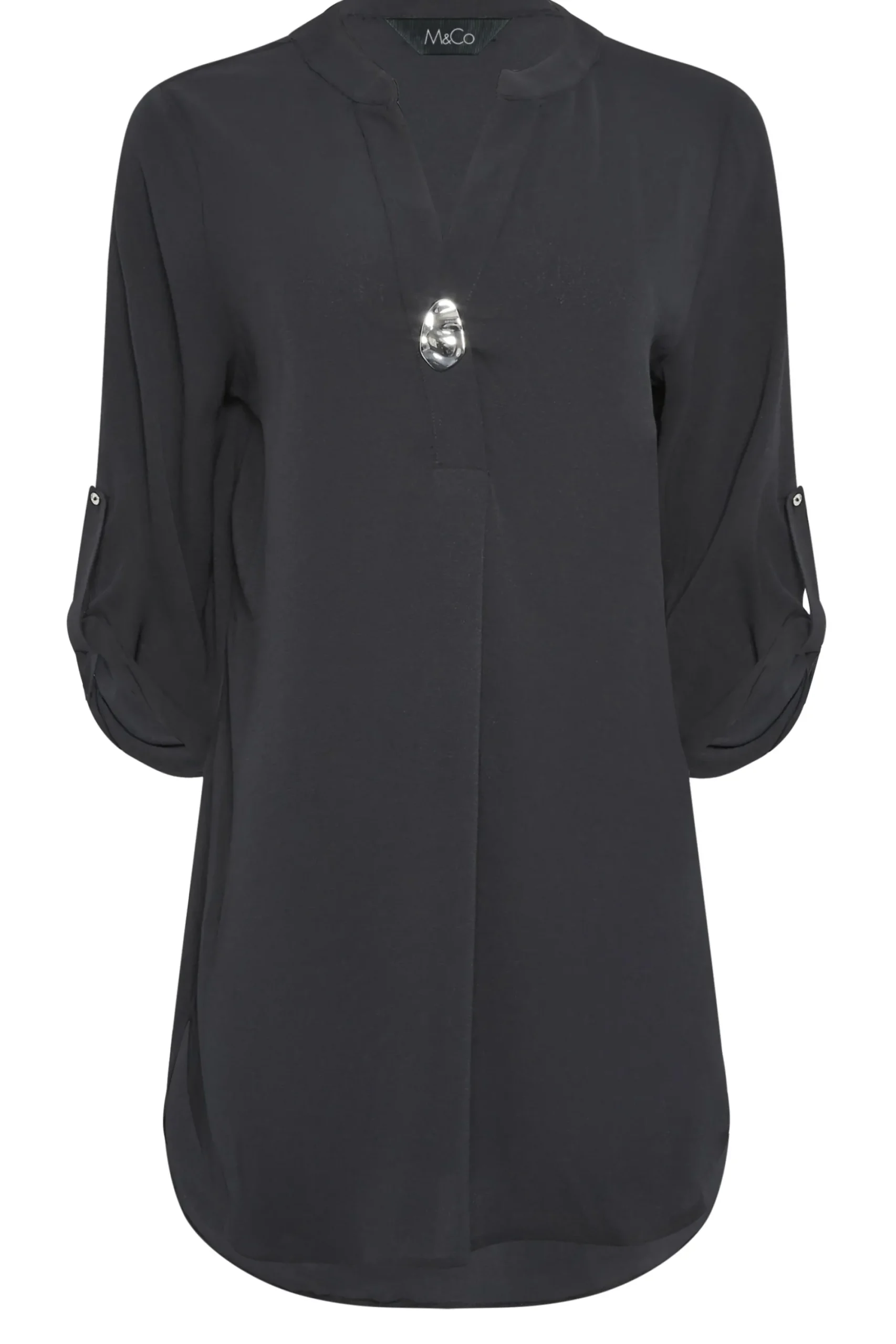 M&Co Womens Black Statement Button Tab Sleeve Shirt>Women Shirts