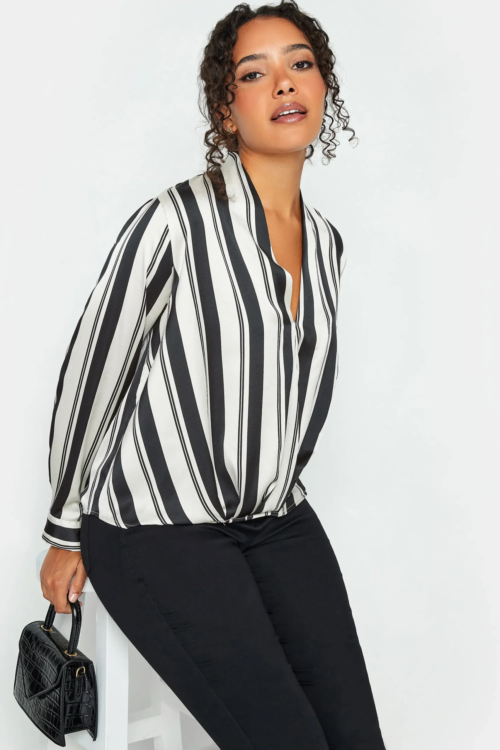 M&Co Womens Black Stripe Print Wrap Front Blouse>Women Long Sleeve Tops