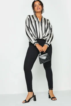 M&Co Womens Black Stripe Print Wrap Front Blouse>Women Long Sleeve Tops