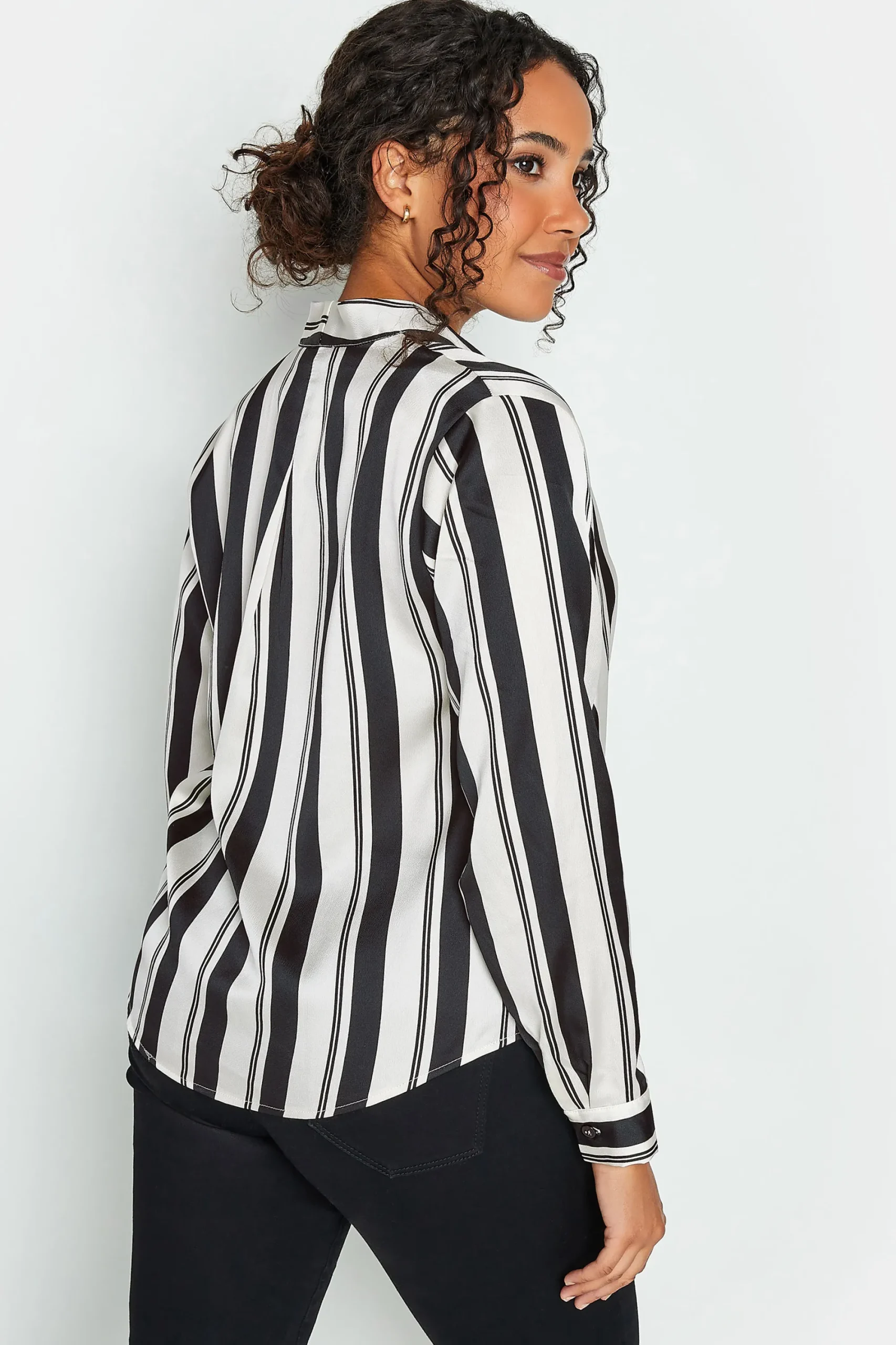 M&Co Womens Black Stripe Print Wrap Front Blouse>Women Long Sleeve Tops
