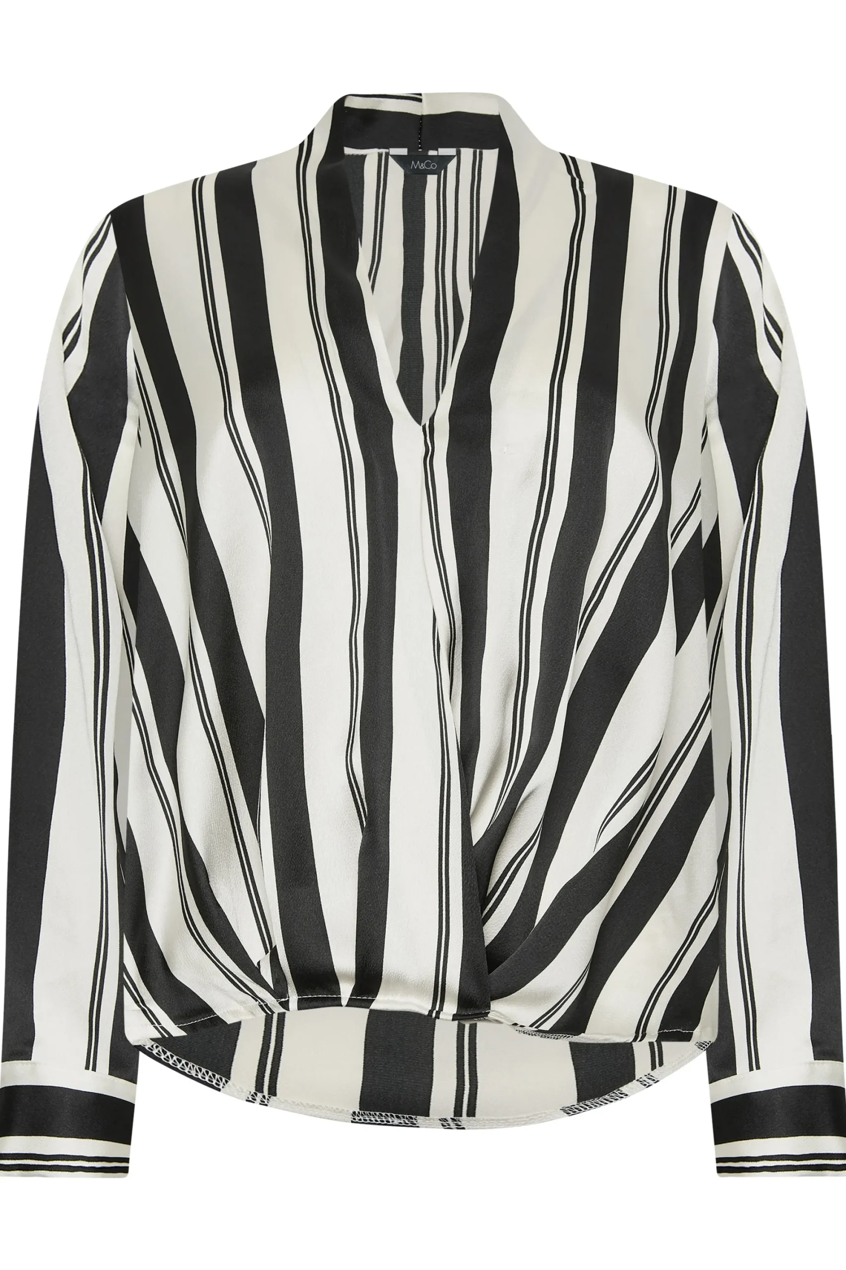 M&Co Womens Black Stripe Print Wrap Front Blouse>Women Long Sleeve Tops