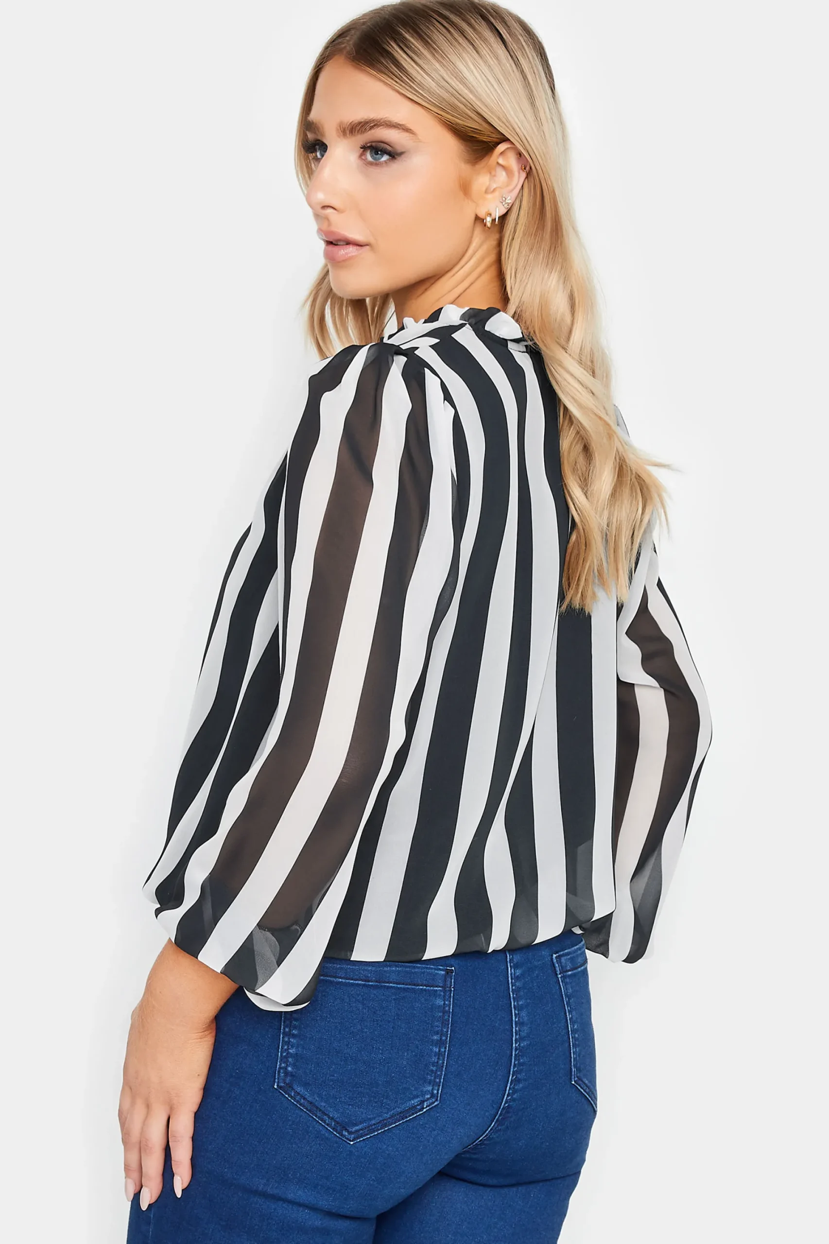 M&Co Womens Black Stripe Tie Neck Blouse>Women Shirts
