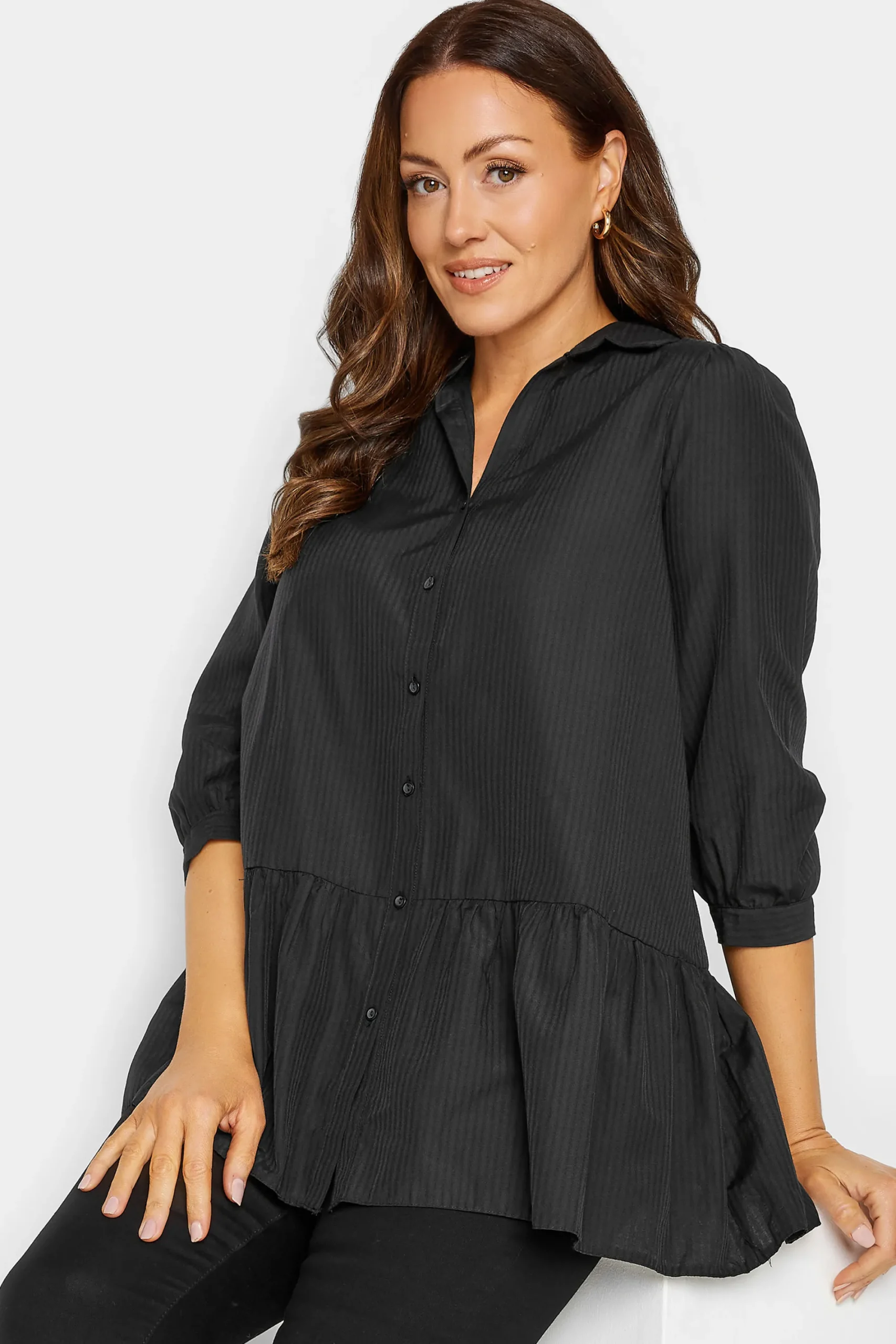 M&Co Womens Black Stripe Frill Hem Shirt>Women Shirts
