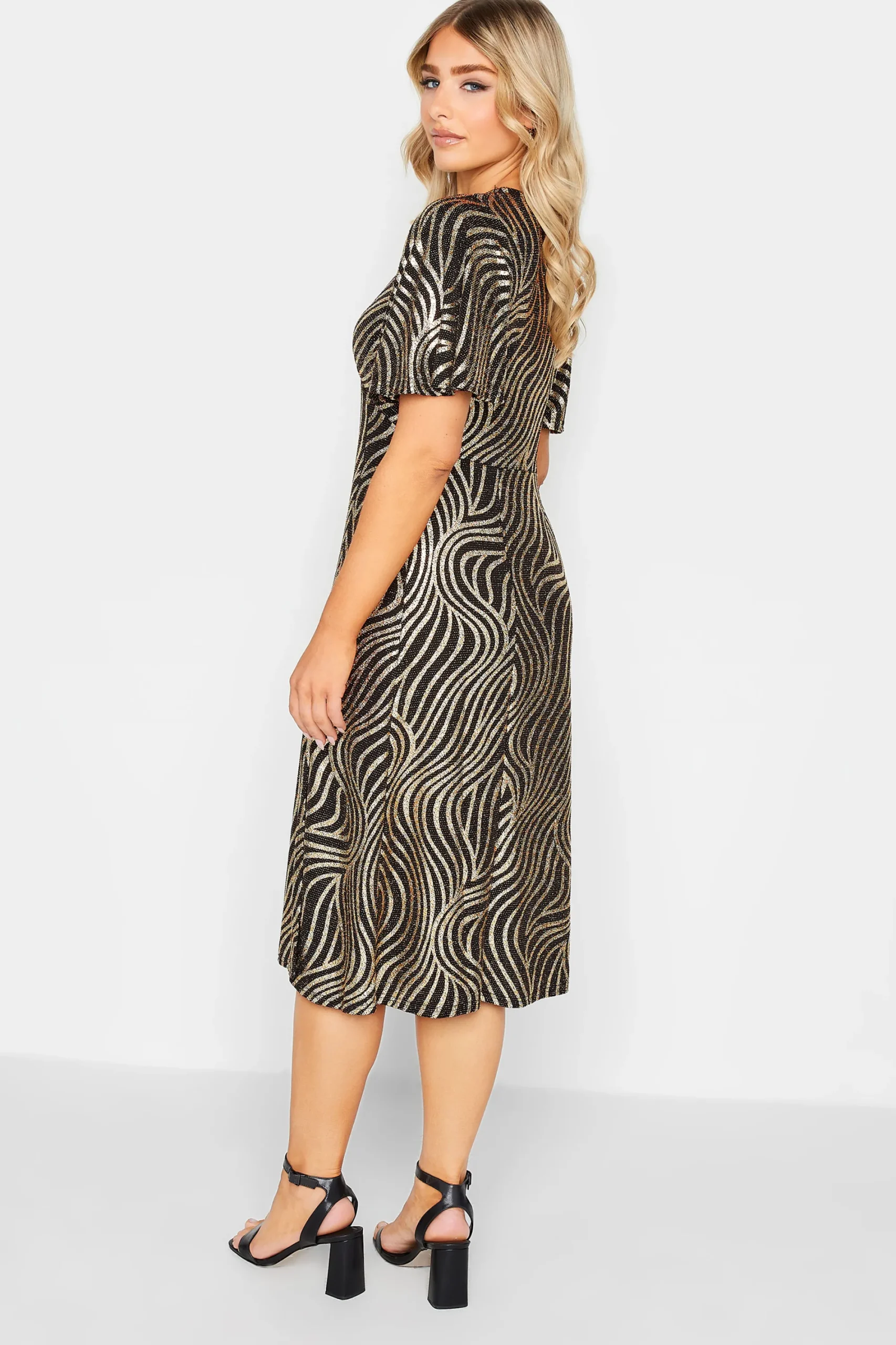 M&Co Womens Black Swirl Print Angel Sleeve Split Hem Midi Dress>Women Wedding Guest Dresses