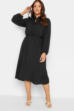 M&Co Womens Black Tie Neck Elasticated Waist Dress>Women Midi Dresses