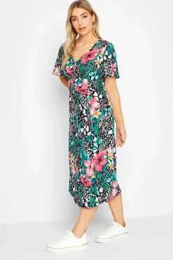 M&Co Womens Black Tropical Mixed Print Midi Tea Dress>Women Midi Dresses