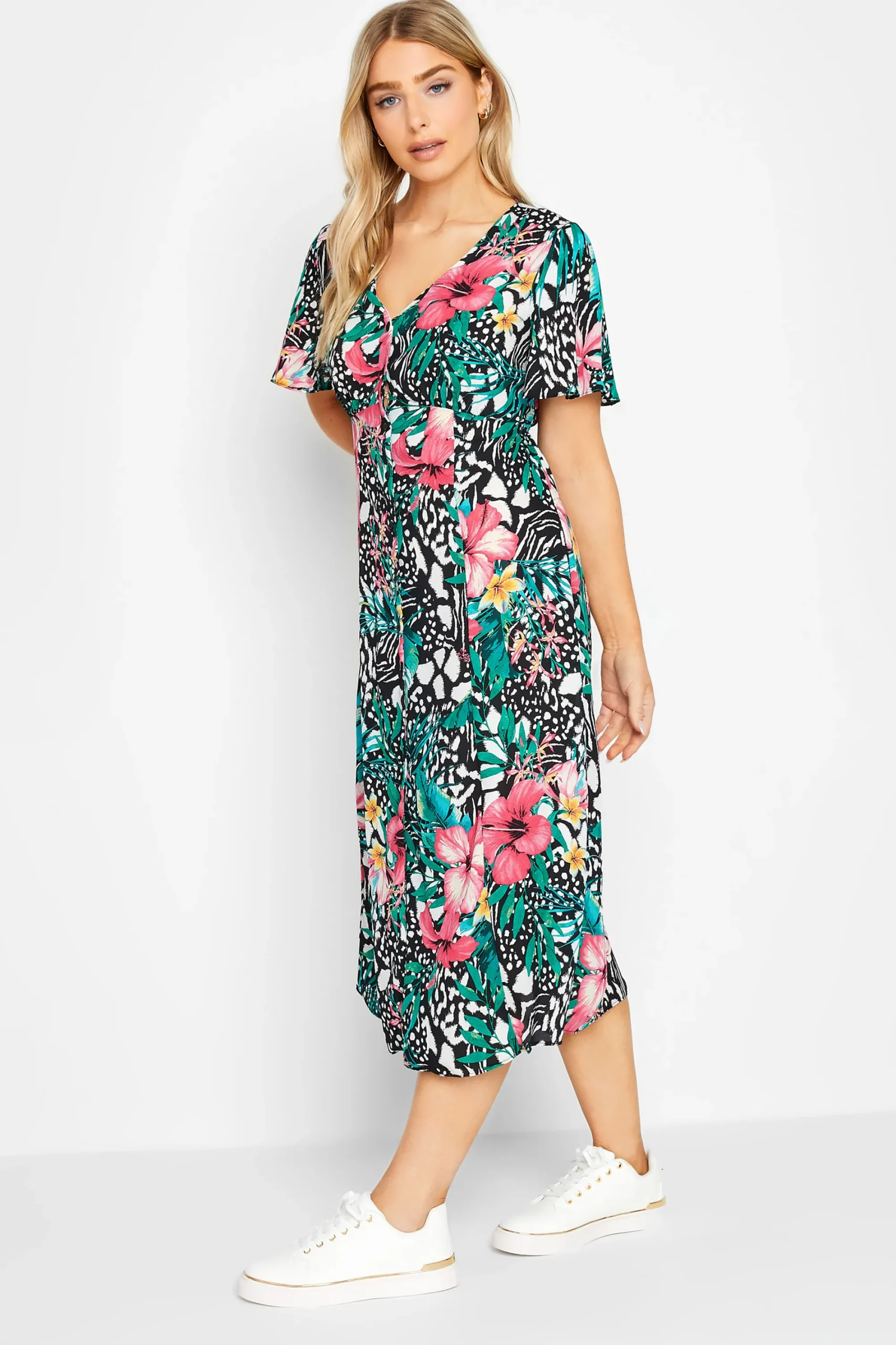 M&Co Womens Black Tropical Mixed Print Midi Tea Dress>Women Midi Dresses