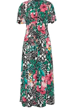 M&Co Womens Black Tropical Mixed Print Midi Tea Dress><noscript><img width=