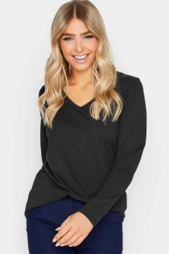 M&Co Womens Black V-Neck Long Sleeve Cotton Blend T-Shirt>Women T-Shirts