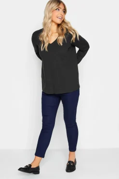 M&Co Womens Black V-Neck Long Sleeve Cotton Blend T-Shirt>Women T-Shirts