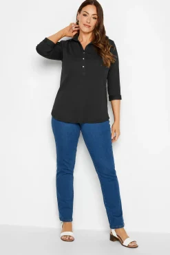 M&Co Womens Black V-Neck Half Placket Shirt>Women Shirts