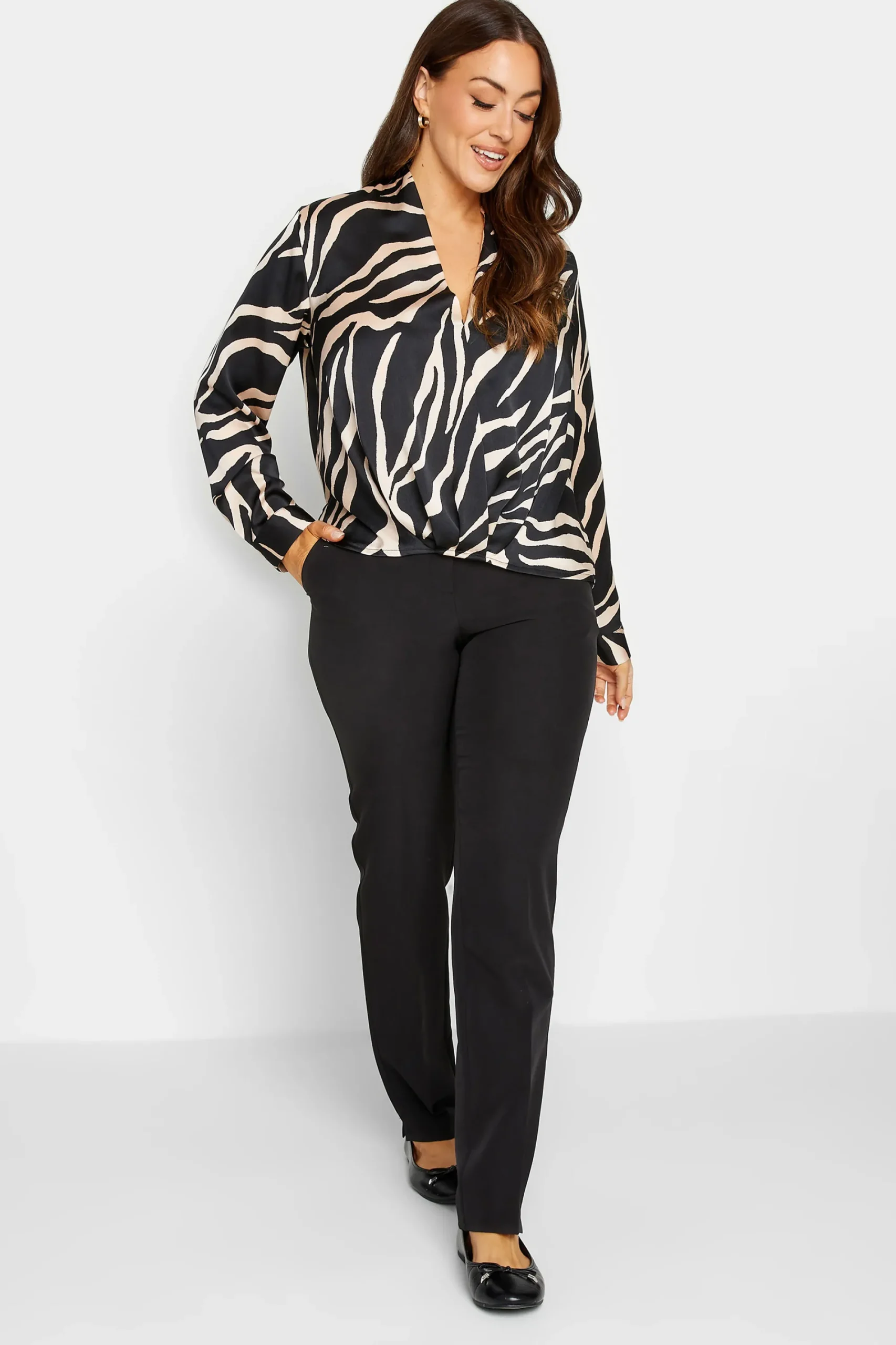 M&Co Womens Black Zebra Print Wrap Front Blouse>Women Long Sleeve Tops