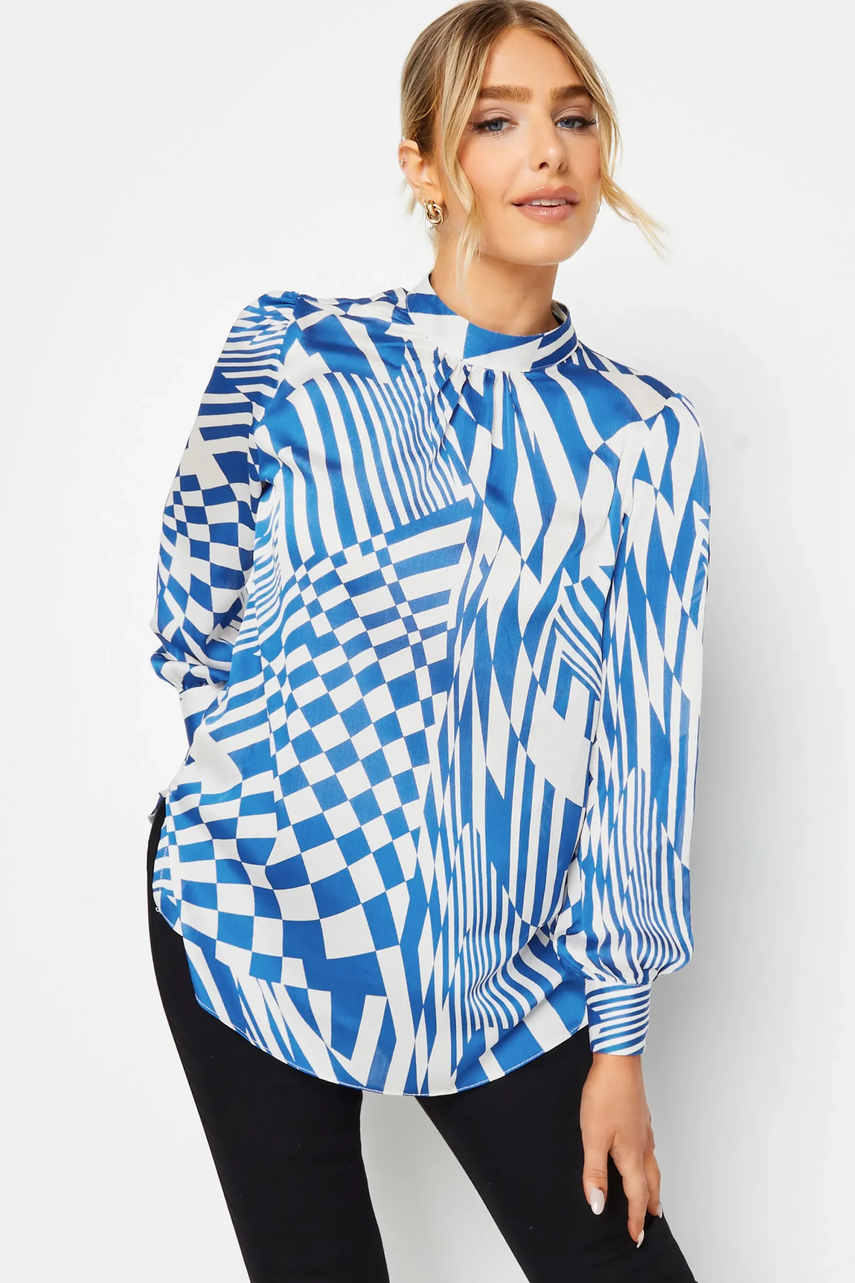 M&Co Womens Blue Abstract Print High Neck Satin Blouse>Women Long Sleeve Tops