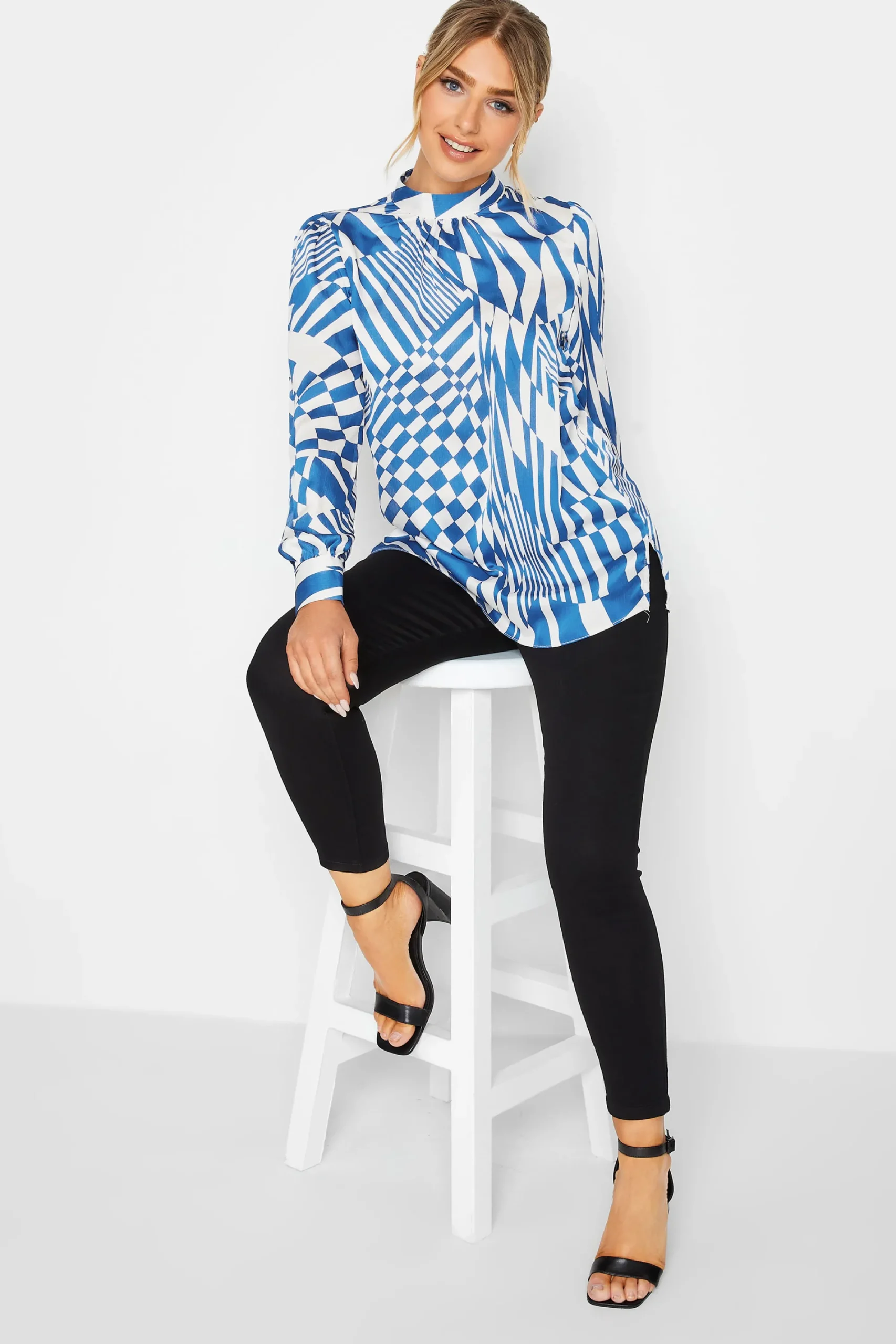 M&Co Womens Blue Abstract Print High Neck Satin Blouse>Women Long Sleeve Tops
