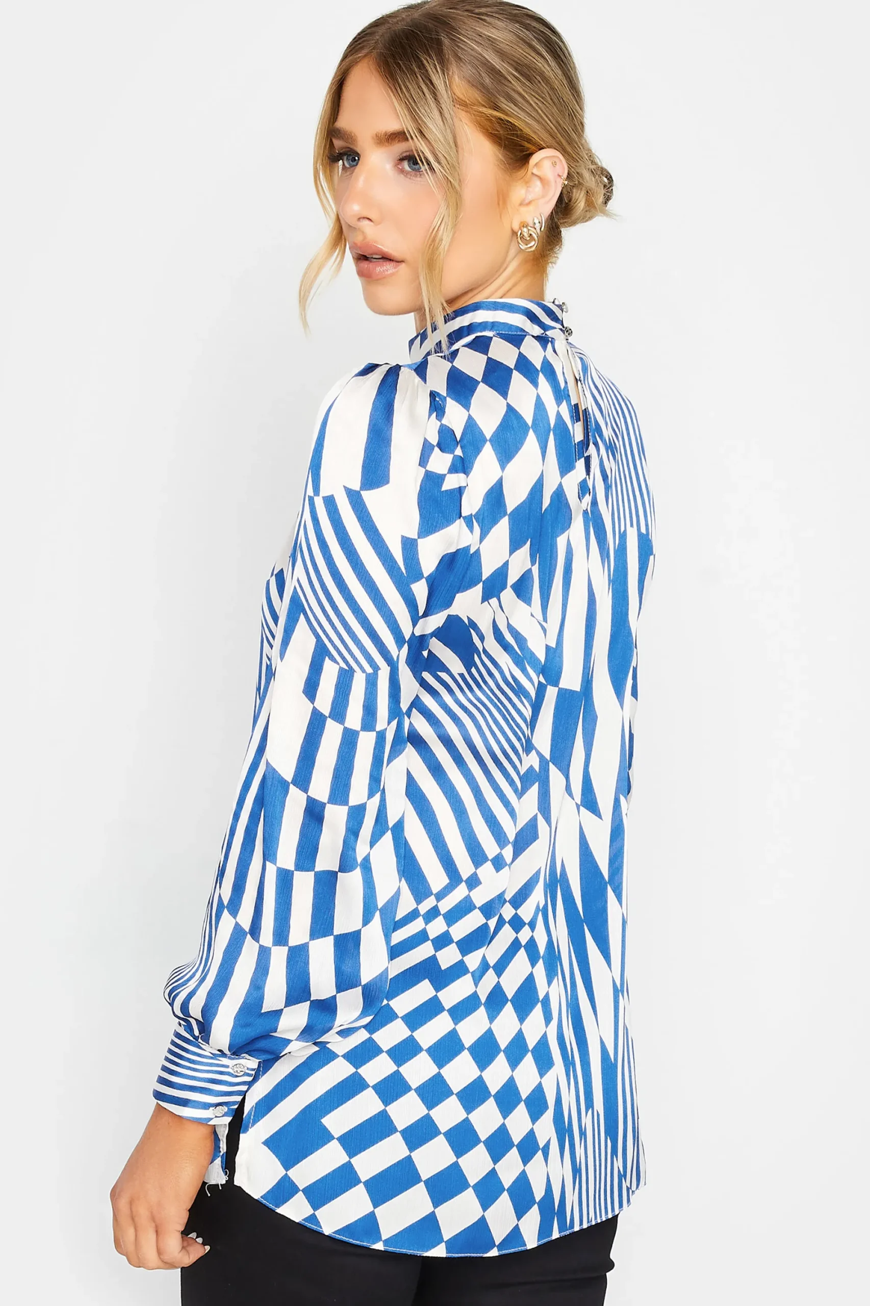 M&Co Womens Blue Abstract Print High Neck Satin Blouse>Women Long Sleeve Tops