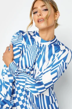 M&Co Womens Blue Abstract Print High Neck Satin Blouse><noscript><img width=