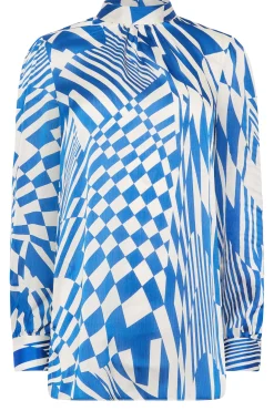 M&Co Womens Blue Abstract Print High Neck Satin Blouse><noscript><img width=