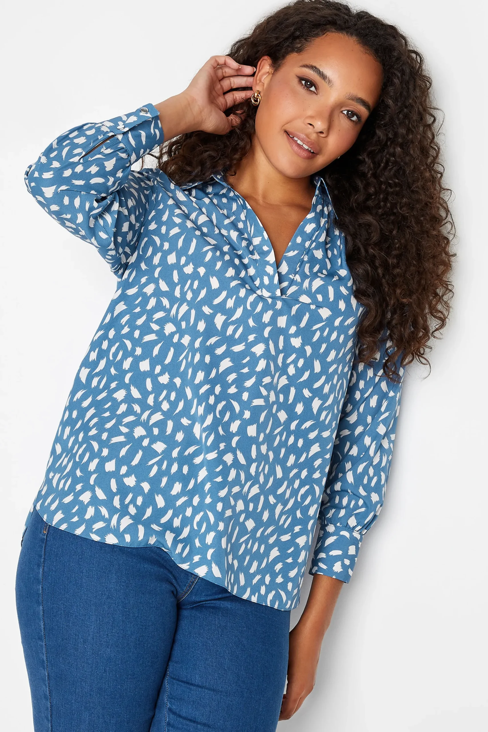 M&Co Womens Blue Brush Stroke Print Half Placket Shirt>Women Shirts