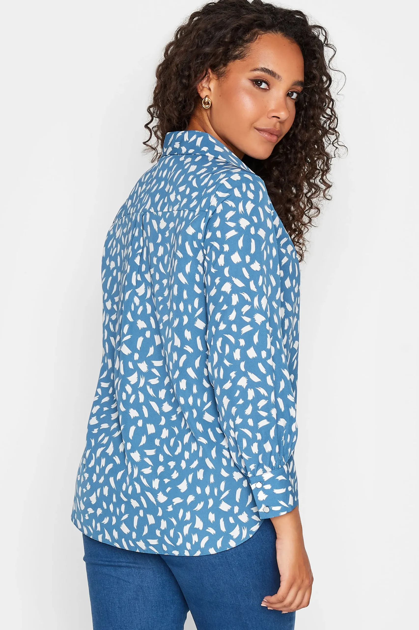 M&Co Womens Blue Brush Stroke Print Half Placket Shirt>Women Shirts