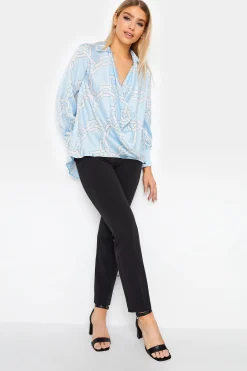 M&Co Womens Blue Chain Print Cowl Neck Satin Blouse>Women Long Sleeve Tops