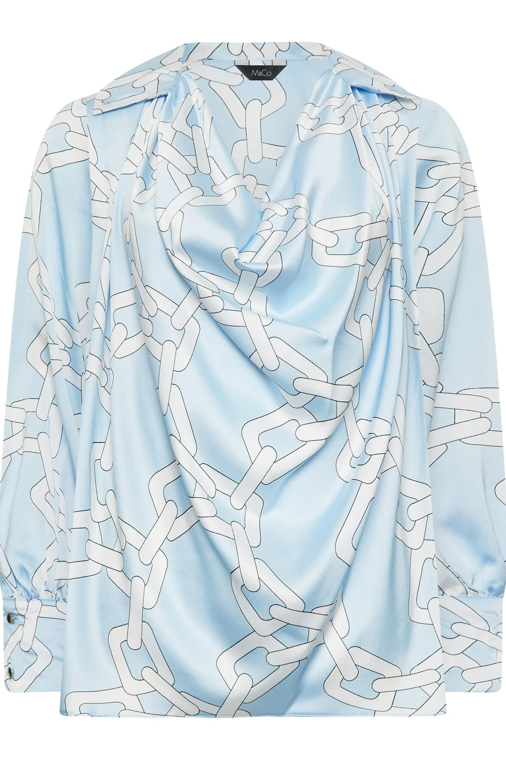 M&Co Womens Blue Chain Print Cowl Neck Satin Blouse>Women Long Sleeve Tops