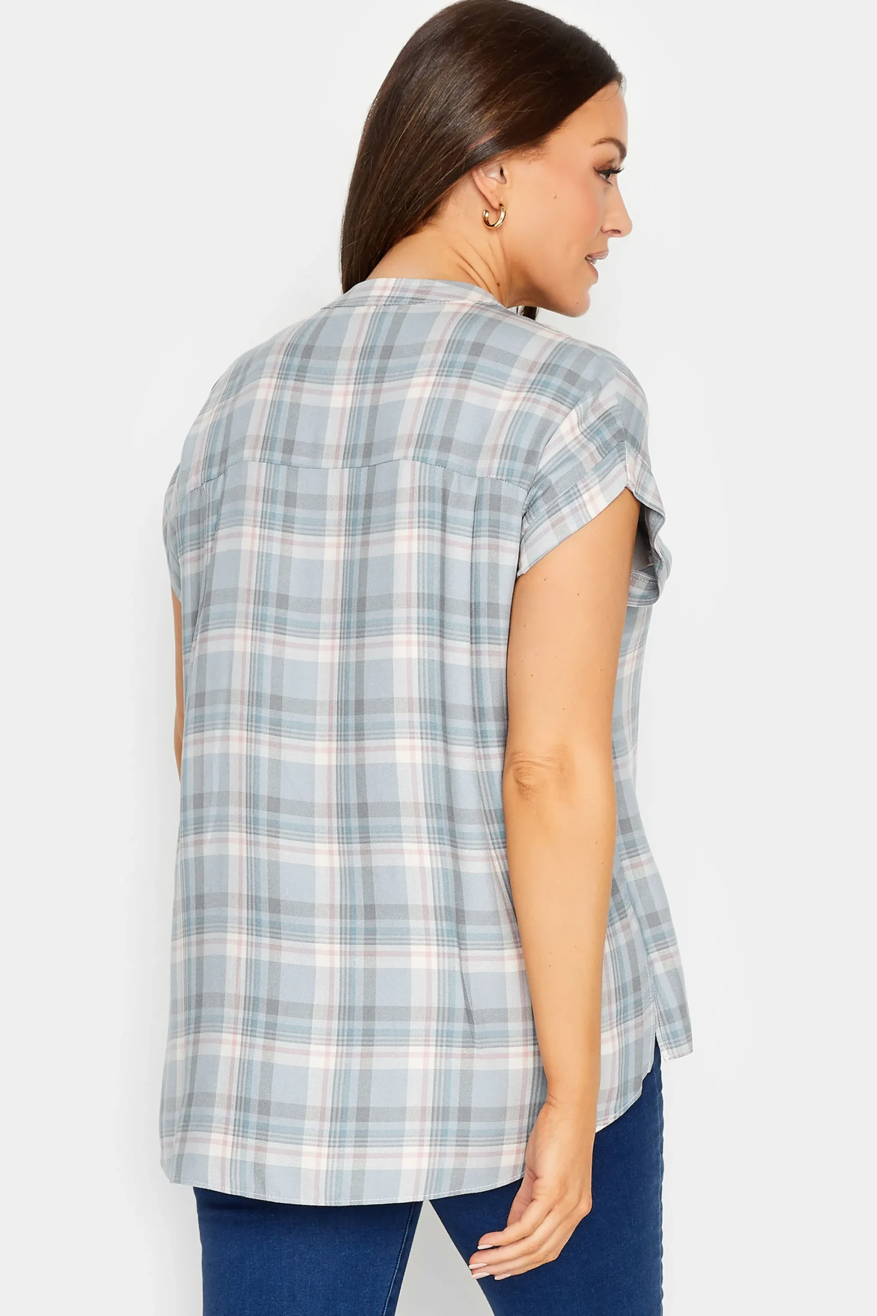 M&Co Womens Blue Check Grown On Sleeve Shirt>Women Shirts