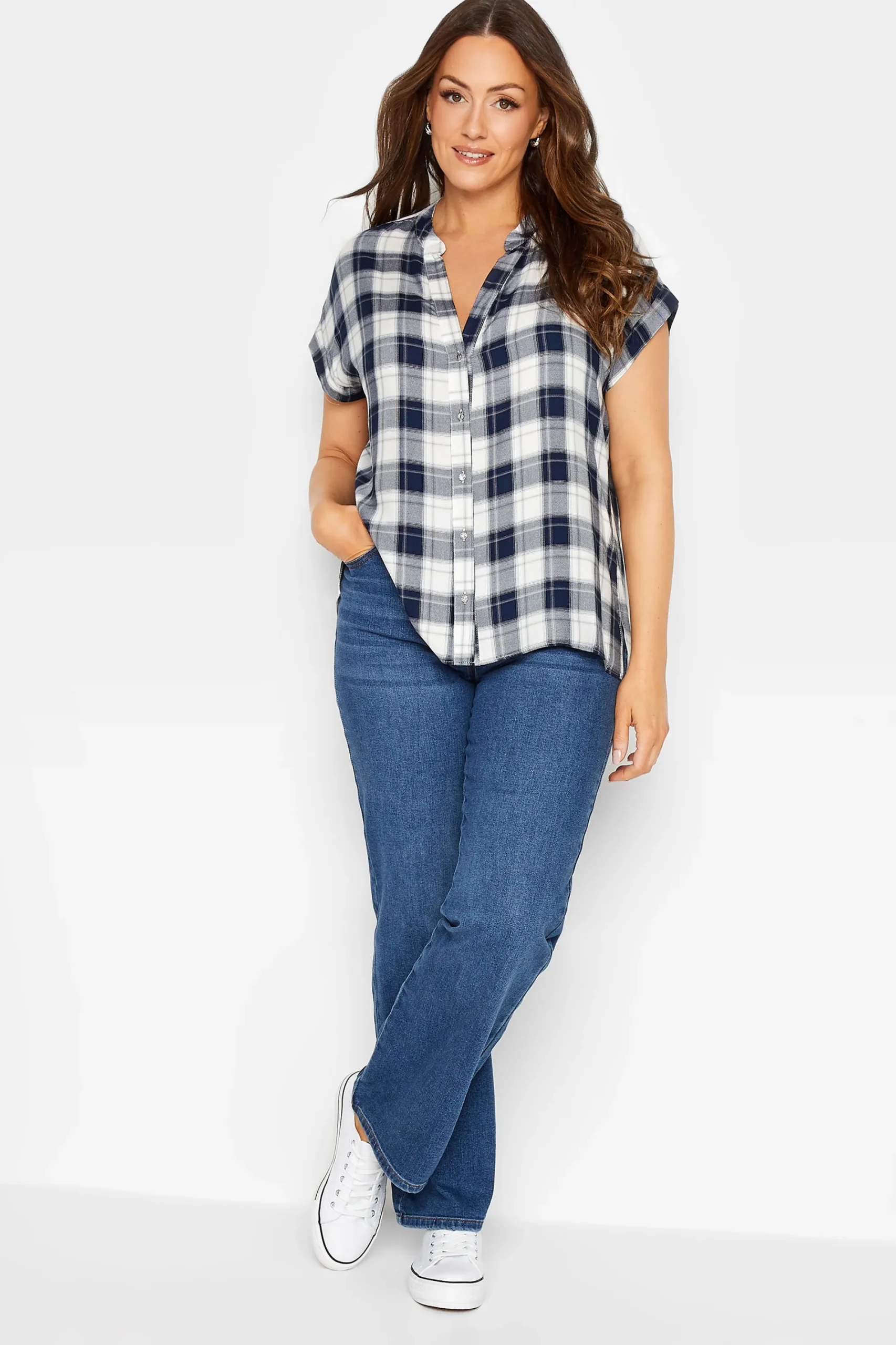 M&Co Womens Blue Check Print Shirt>Women Short Sleeve Tops