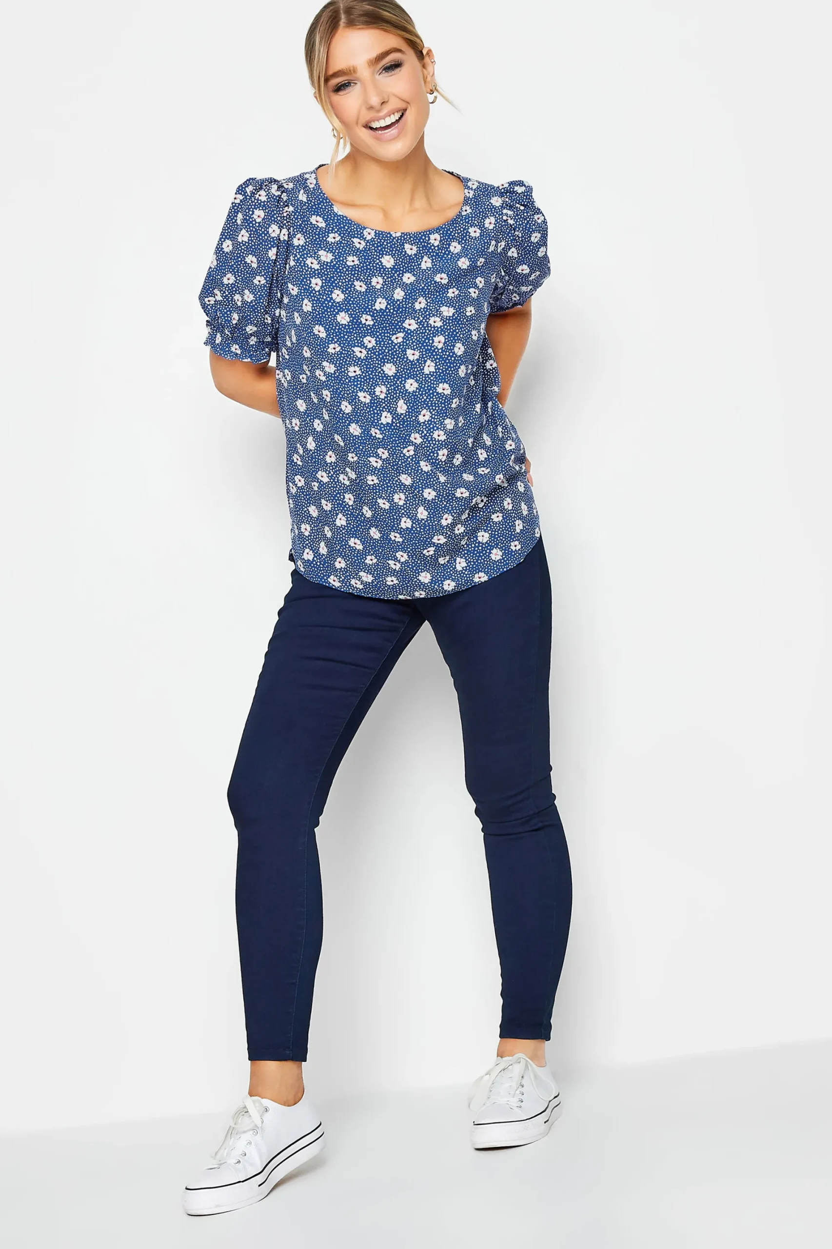 M&Co Womens Blue Daisy Print Blouse>Women Short Sleeve Tops