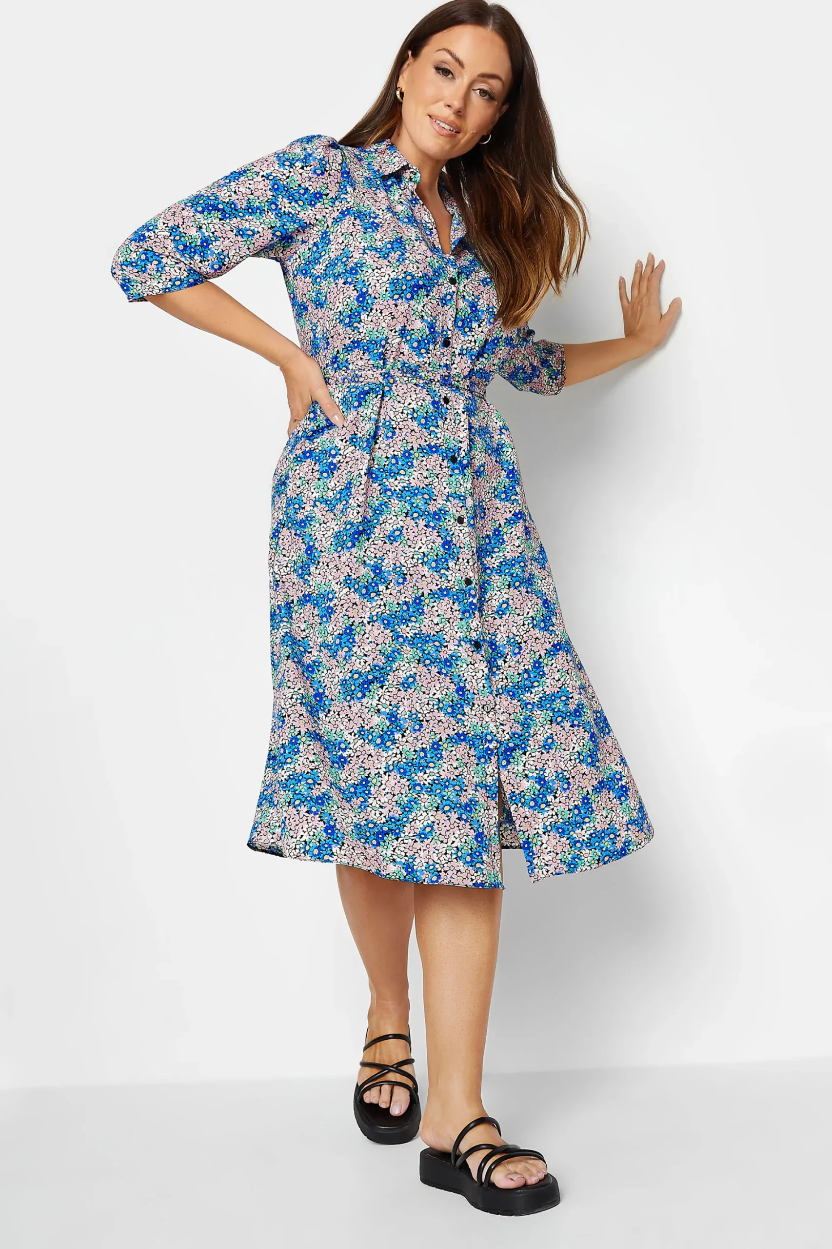M&Co Womens Blue Ditsy Floral Tie Belt Dress>Women Shirt Dresses