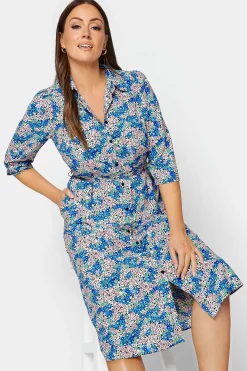 M&Co Womens Blue Ditsy Floral Tie Belt Dress>Women Shirt Dresses