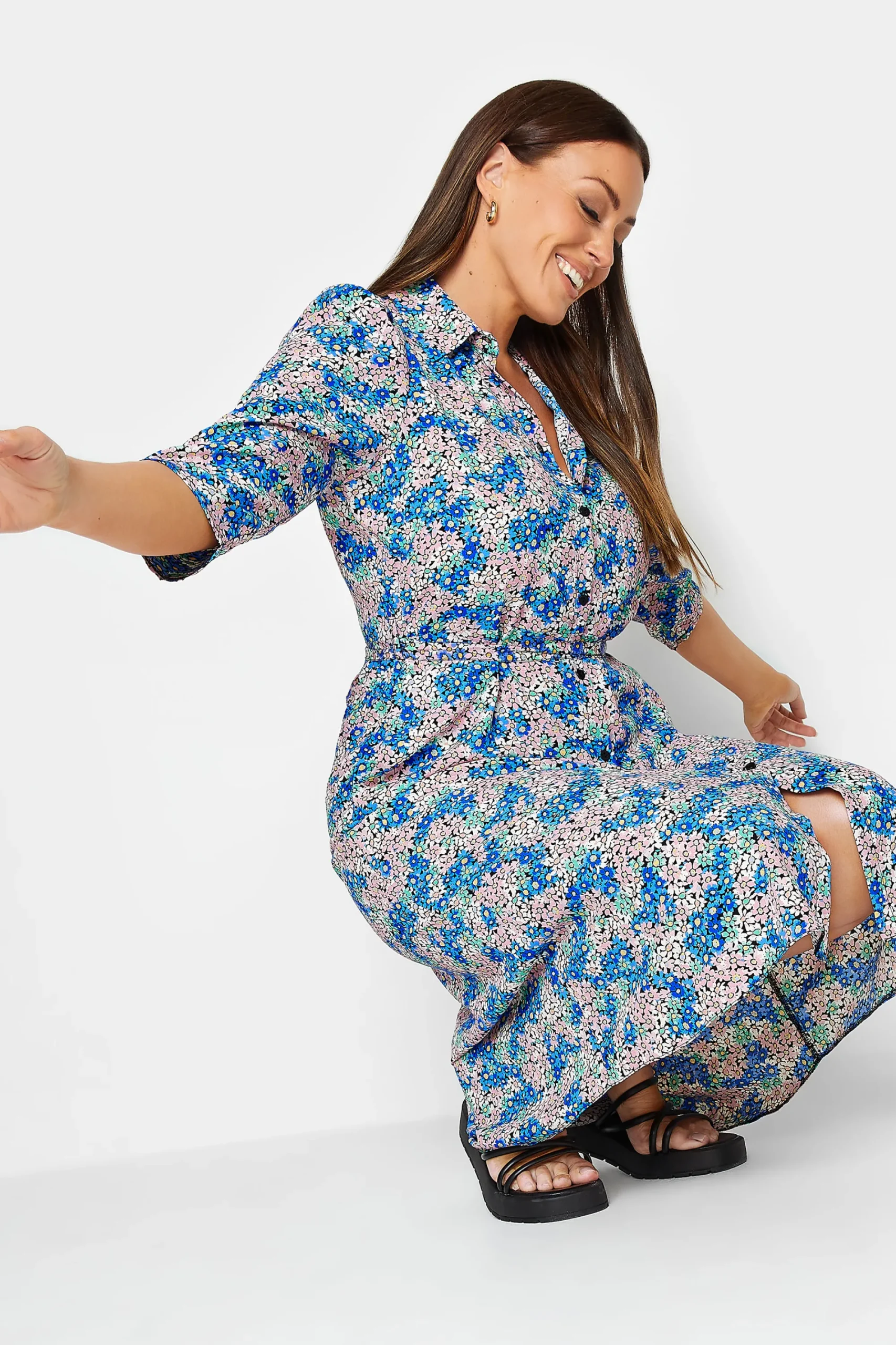 M&Co Womens Blue Ditsy Floral Tie Belt Dress>Women Shirt Dresses