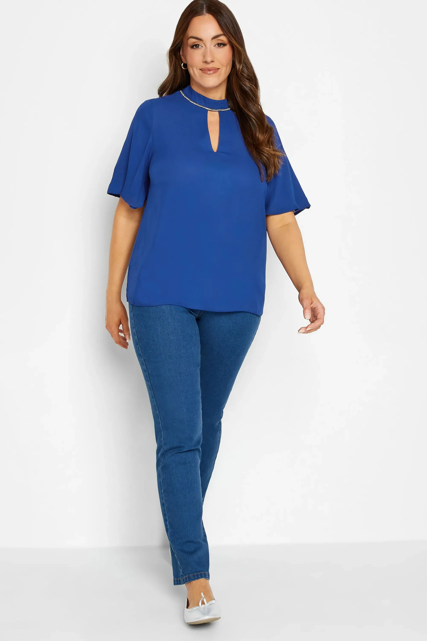 M&Co Womens Blue Embellished Neck Keyhole Blouse>Women Blouses