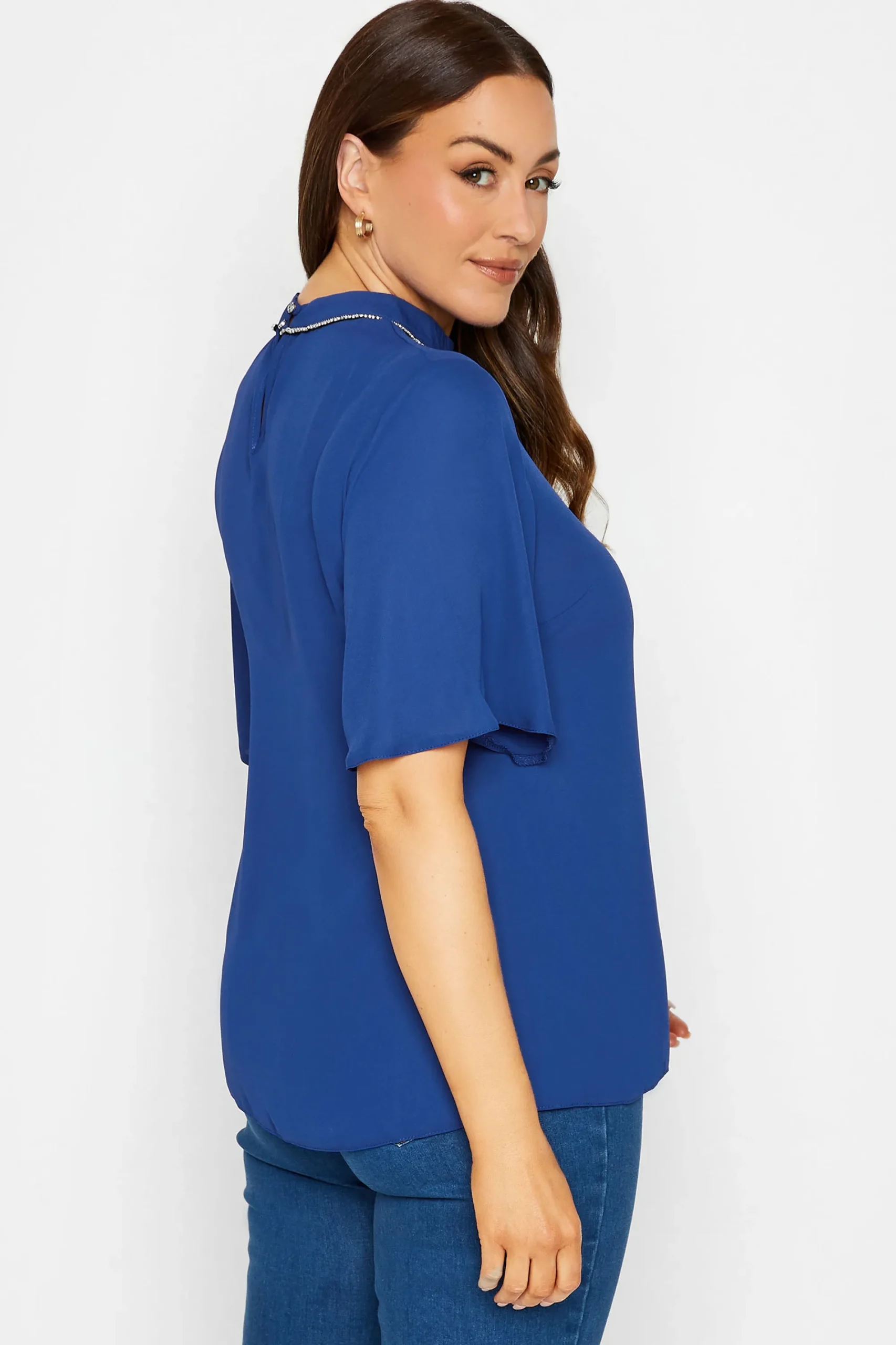 M&Co Womens Blue Embellished Neck Keyhole Blouse>Women Blouses