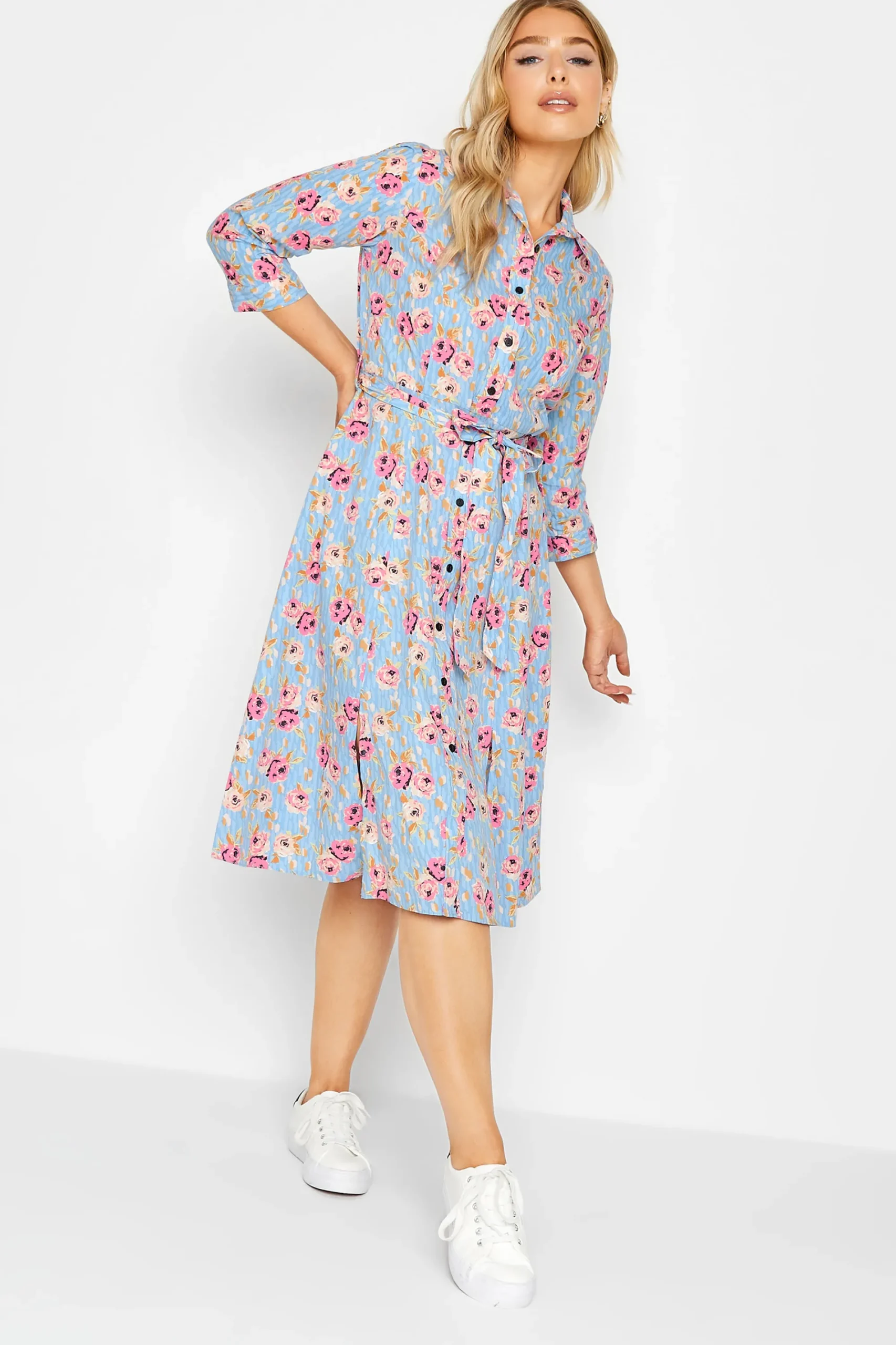 M&Co Womens Blue Floral Print Tie Waist Shirt Dress>Women Wedding Guest Dresses