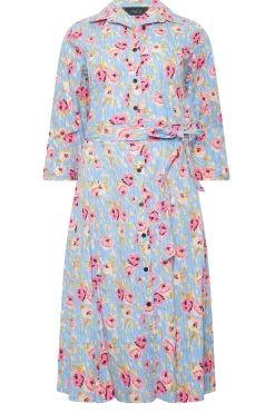 M&Co Womens Blue Floral Print Tie Waist Shirt Dress><noscript><img width=