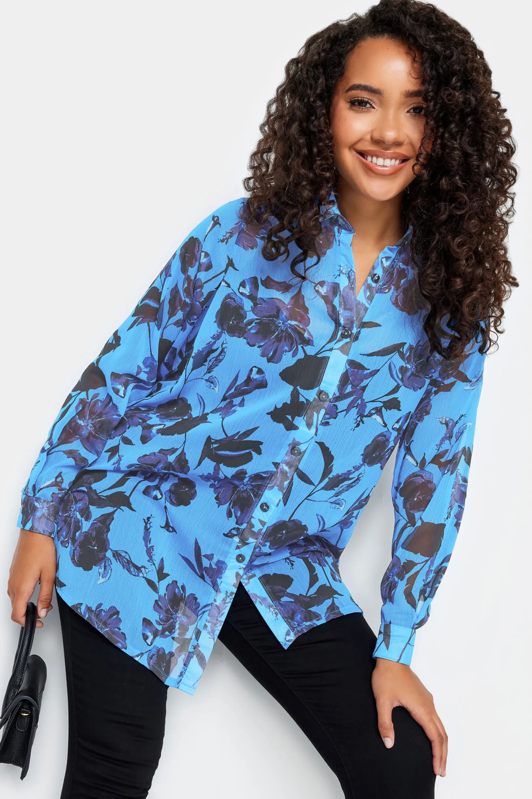 M&Co Womens Blue Floral Print Longline Shirt>Women Shirts