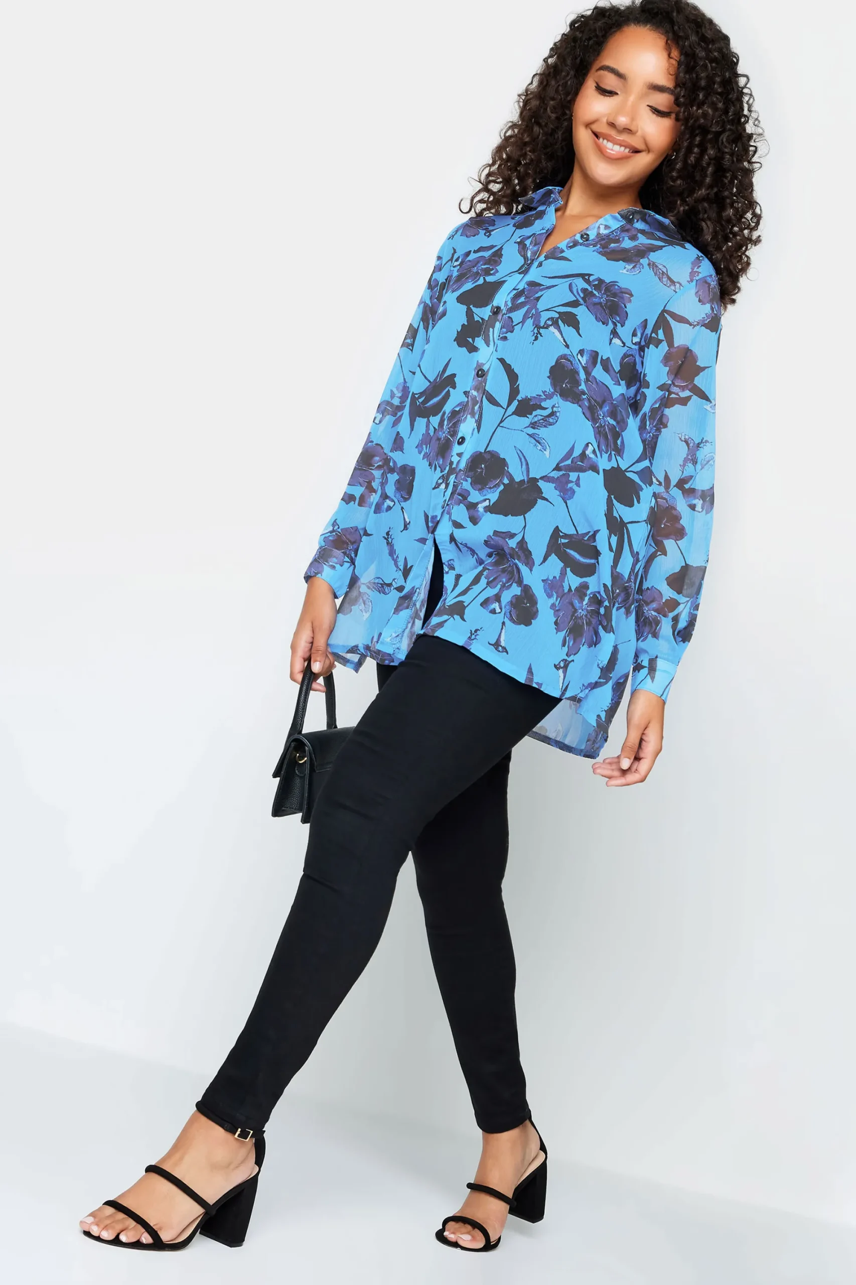 M&Co Womens Blue Floral Print Longline Shirt>Women Shirts