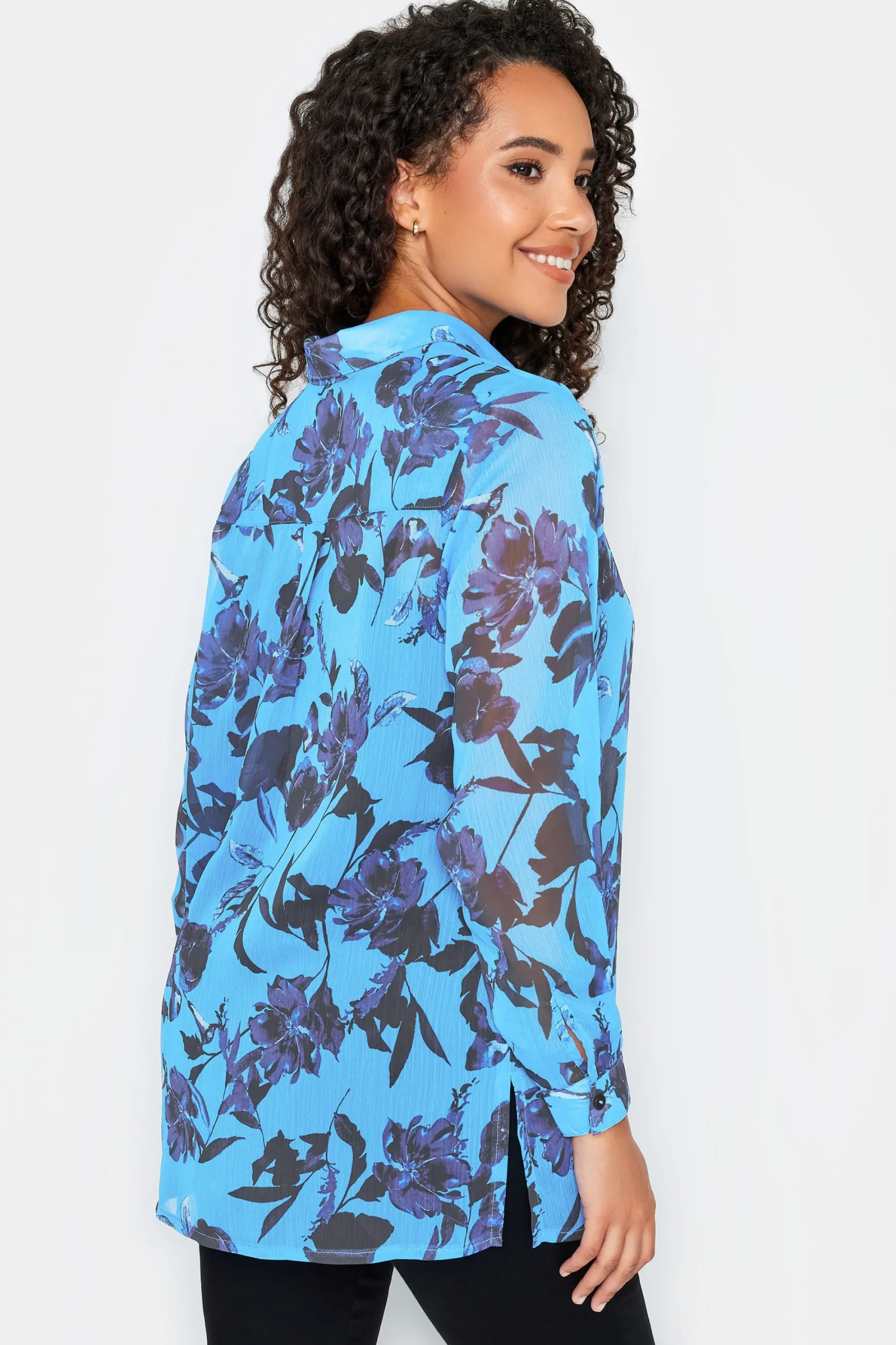M&Co Womens Blue Floral Print Longline Shirt>Women Shirts