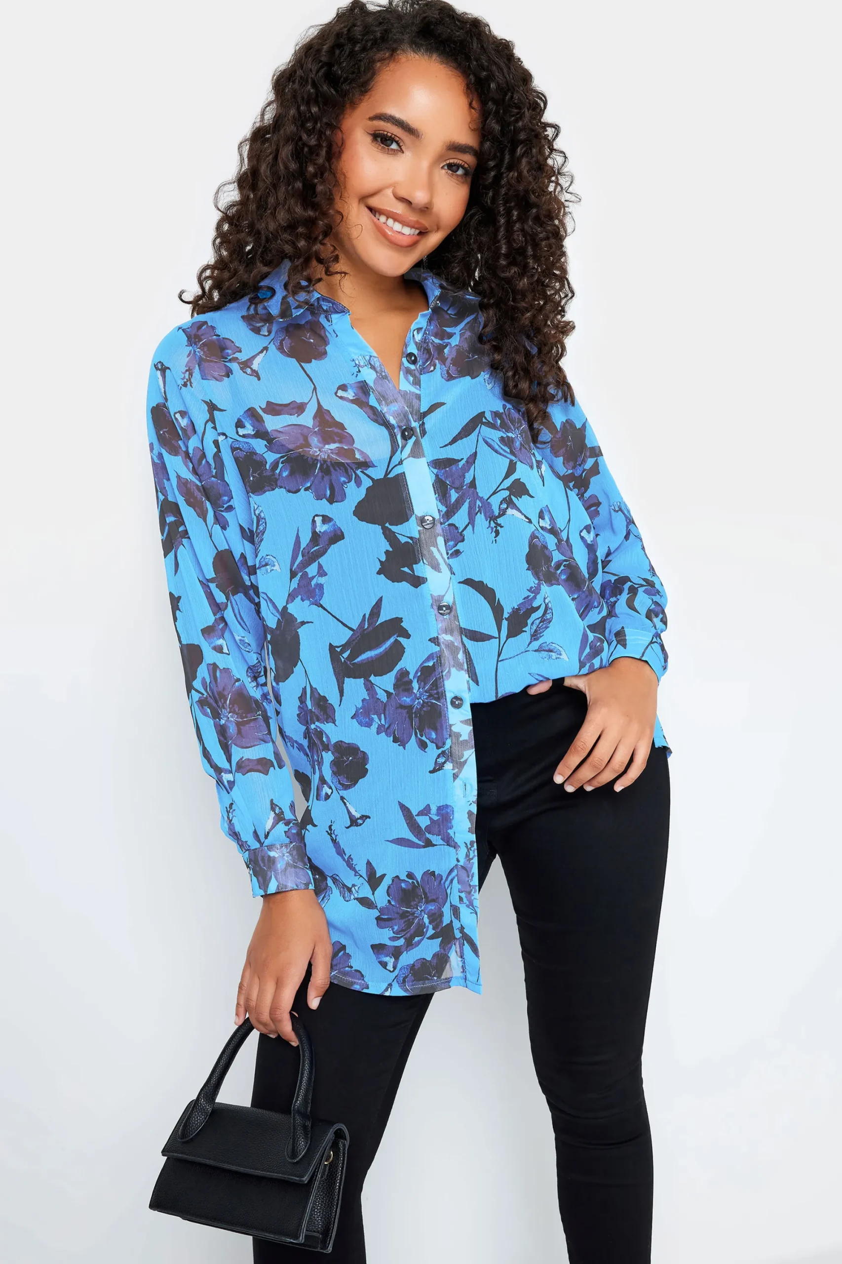 M&Co Womens Blue Floral Print Longline Shirt>Women Shirts