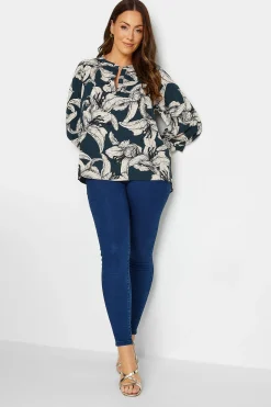 M&Co Womens Blue Floral Print 3/4 Sleeve Blouse>Women Shirts