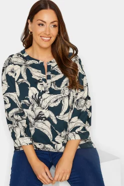 M&Co Womens Blue Floral Print 3/4 Sleeve Blouse><noscript><img width=