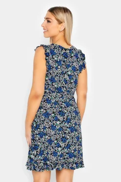 M&Co Womens Blue Floral Print Frill Sleeve Mini Dress><noscript><img width=