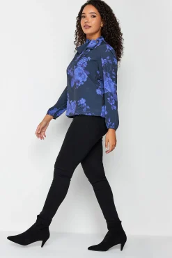 M&Co Womens Blue Floral Print Tie Neck Bubble Hem Blouse>Women Blouses