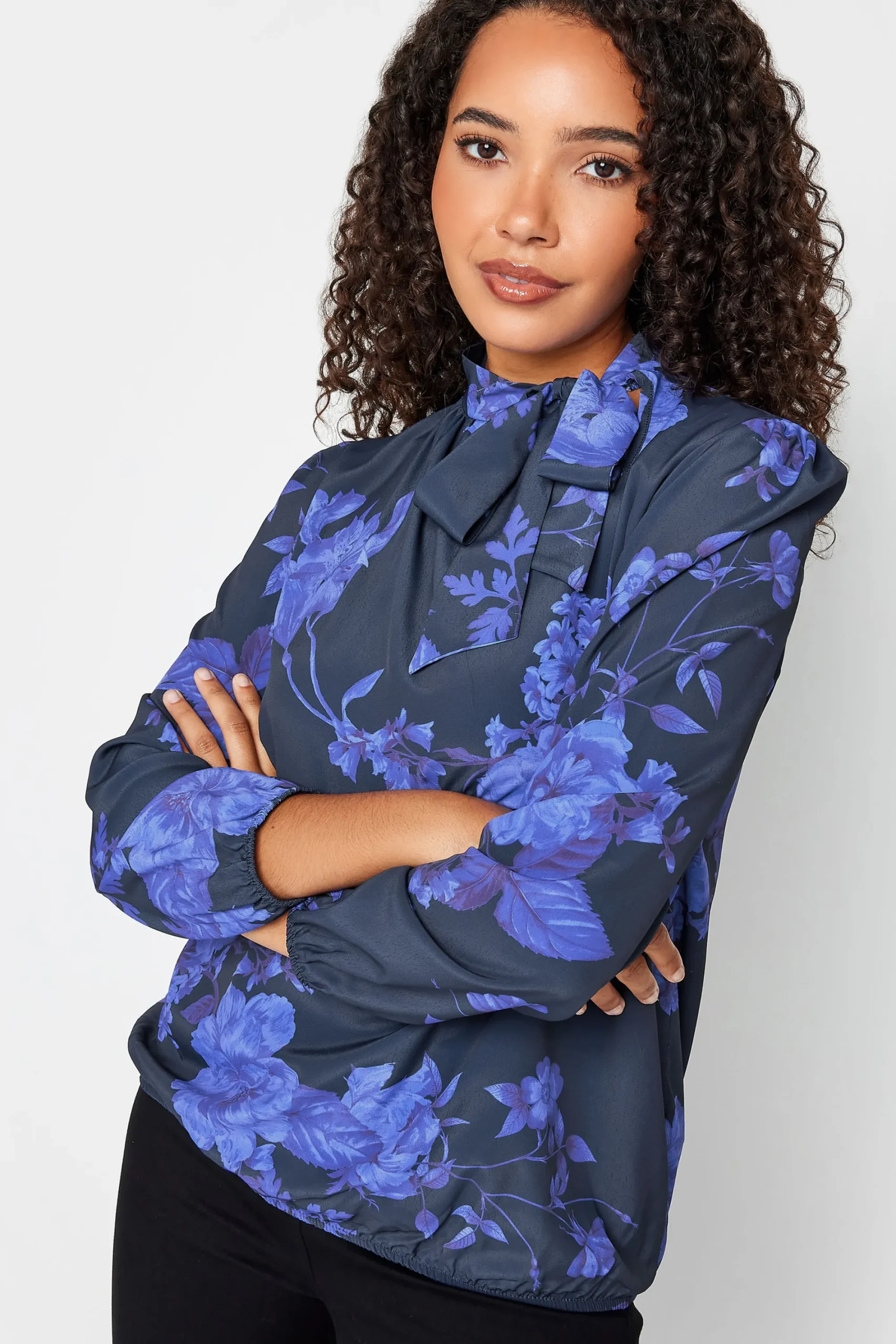 M&Co Womens Blue Floral Print Tie Neck Bubble Hem Blouse>Women Blouses
