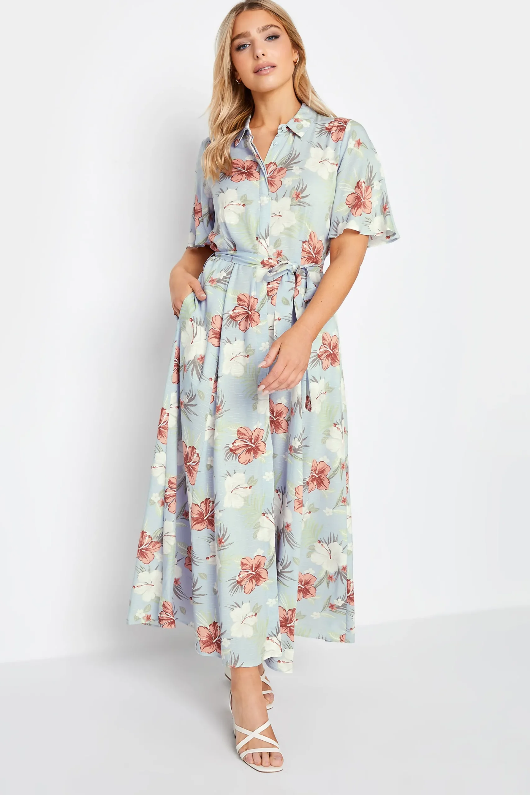 M&Co Womens Blue Floral Print Shirt Dress>Women Wedding Guest Dresses