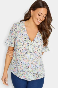 M&Co Womens Blue Floral Print Frill Sleeve Blouse>Women Shirts
