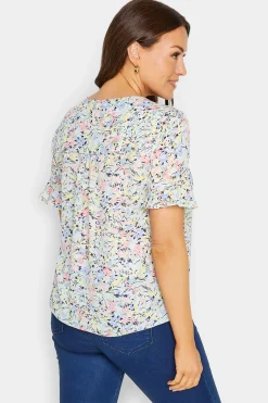 M&Co Womens Blue Floral Print Frill Sleeve Blouse><noscript><img width=